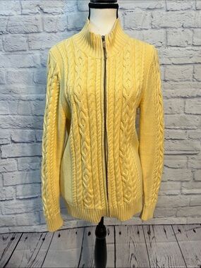 L.L. Bean Cable Knit Sweater Cardigan Full Zipper Yellow Size Medium Cotton